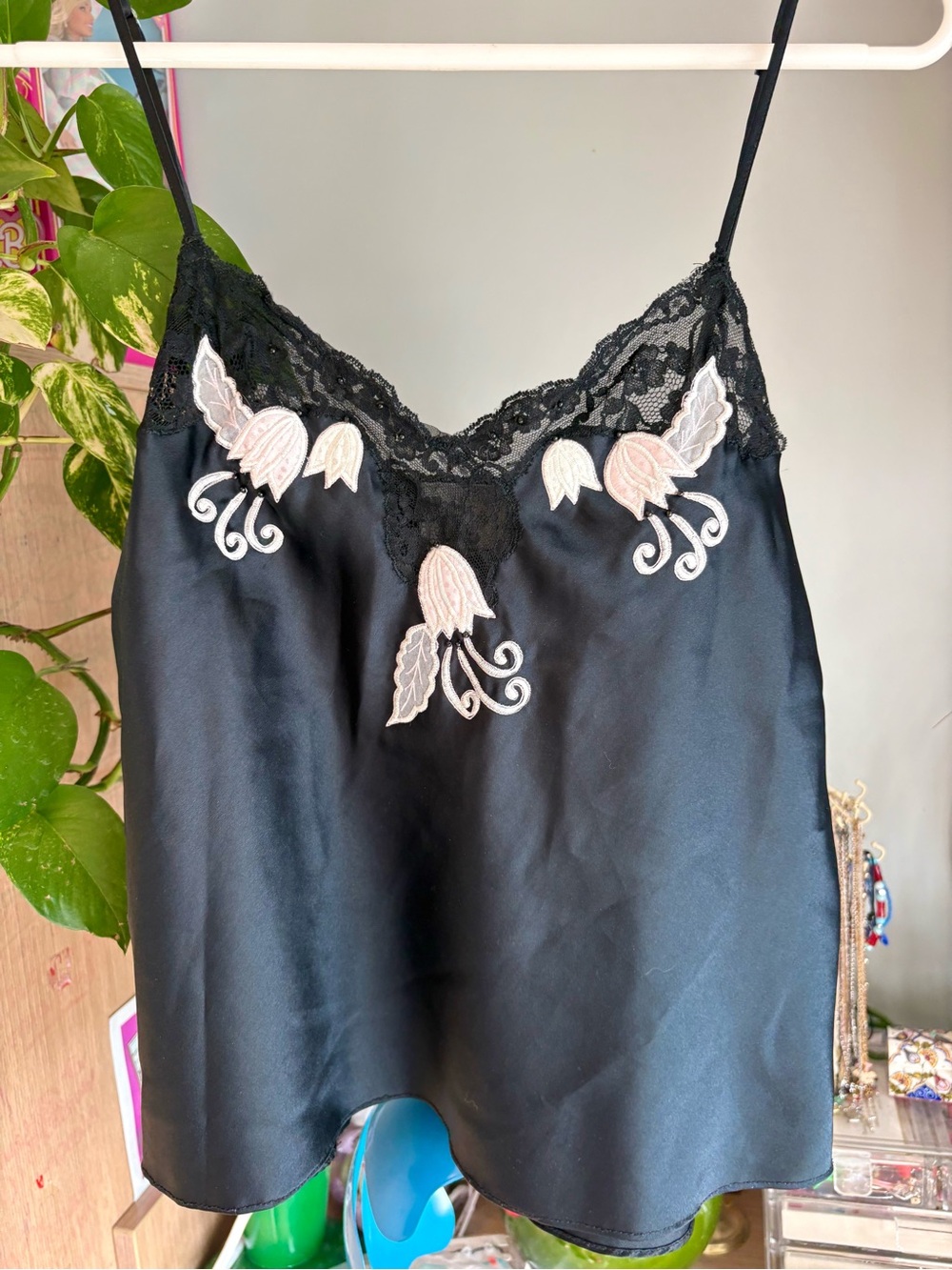 Gorgeous Vintage Vanity Fair Black Satin Lace Cami with Pink Embroidered Flower
